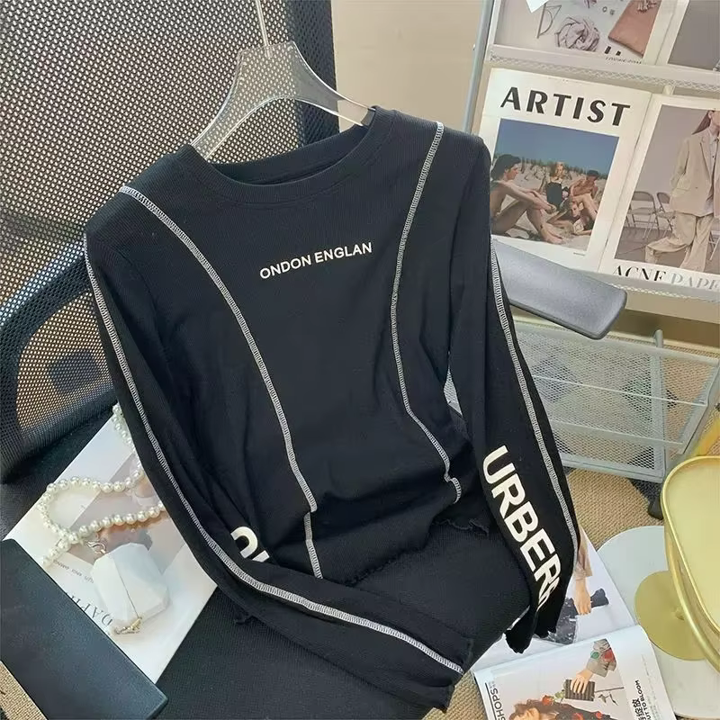 T-shirt à manches longues imprimé lettre blanche pour femmes
