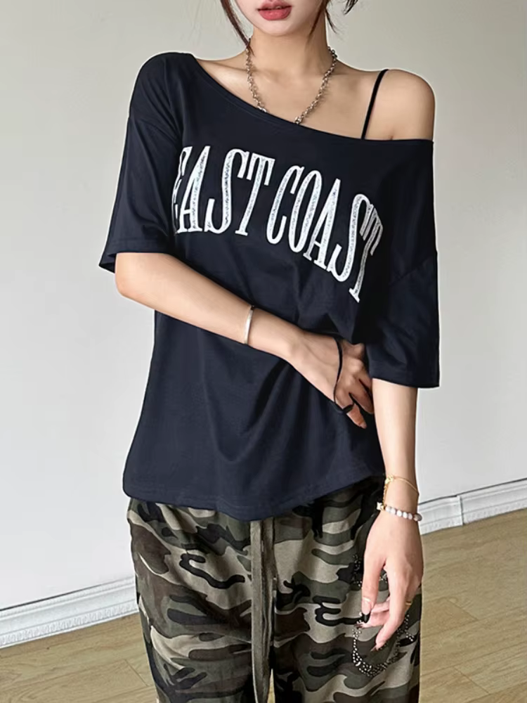 Lettres imprimer t-shirts pour femmes Streetwear encolure dégagée t-shirt à manches courtes Camisetas Grunge vêtements Ropa Mujer Y2k accessoires