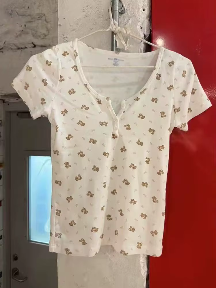 Mignon petit ours nœud imprimé boutons T-shirt femme nouveau décontracté col rond manches courtes coton t-shirts doux Vintage T-shirt Y2k hauts