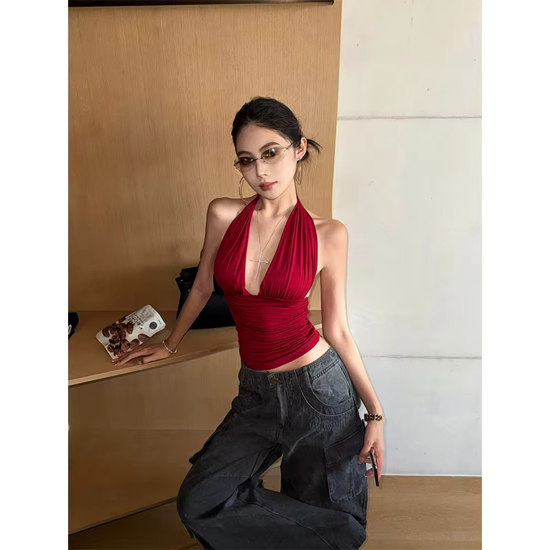 MEXZT Y2K débardeur rouge femmes Streetwear Sexy Gyaru licou dos nu Corset Grunge esthétique col en V Camis été Coquette vêtements
