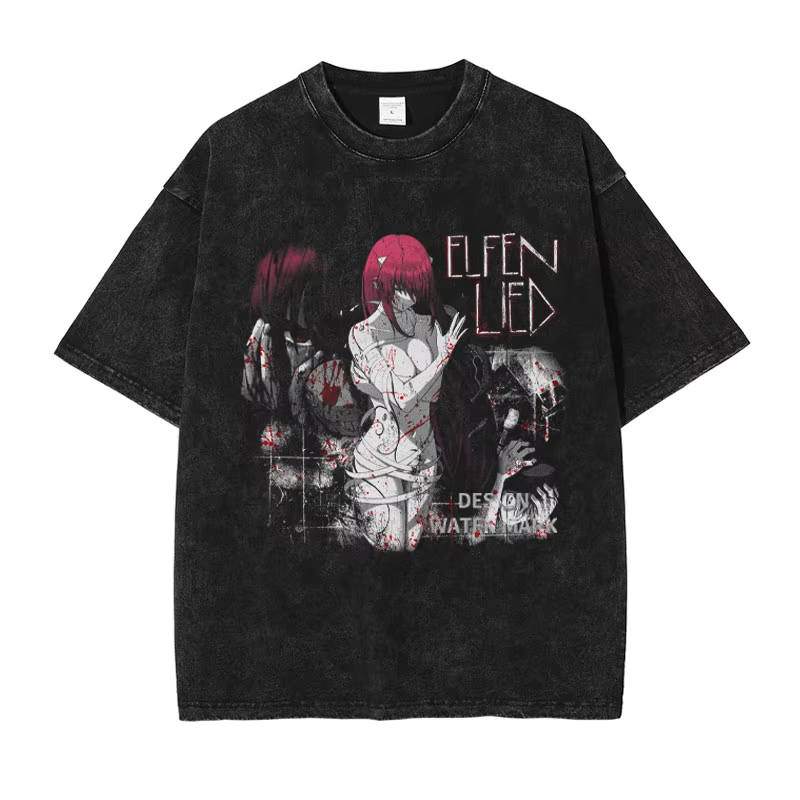 Anime Elfen Lied T-shirt Vintage lavé Y2K Manga motif haut t-shirts surdimensionné à manches courtes DTG impression