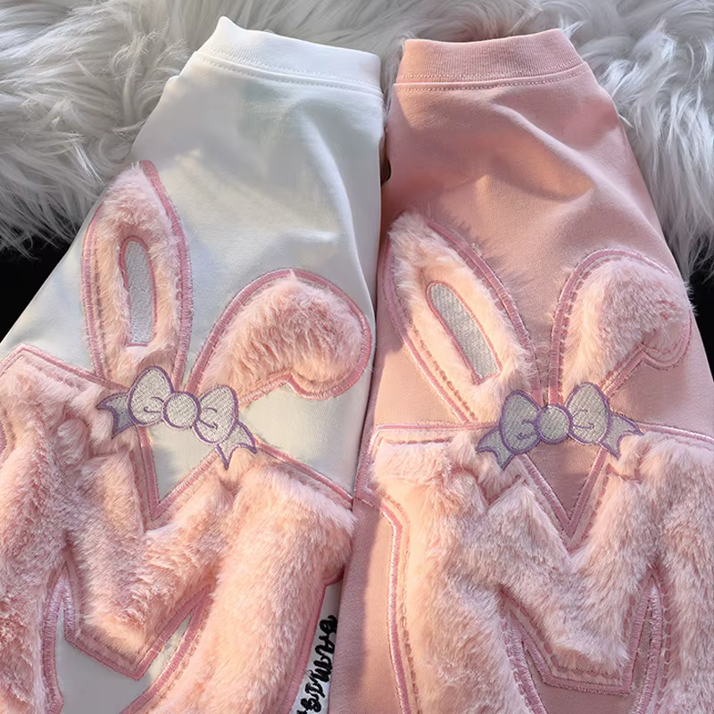 Coton flocage lapin oreille à manches courtes T-shirt femmes nouvel été polyvalent haut rose mignon flocqué