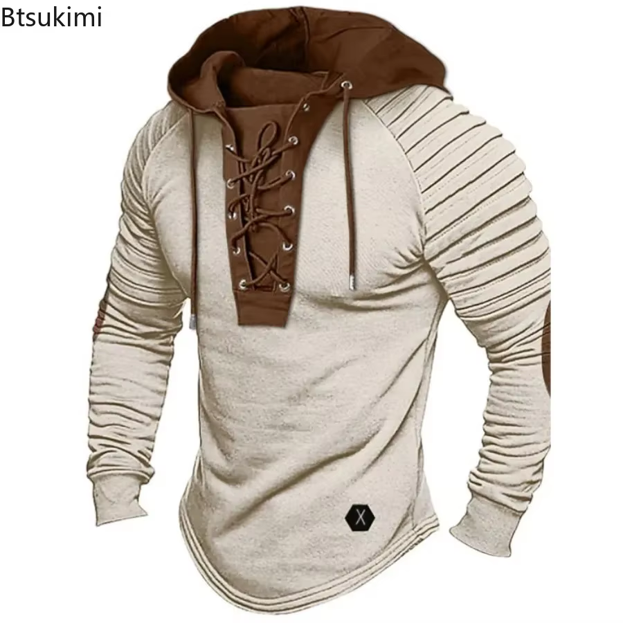 Sweat à capuche vintage pour homme 2026 avec cordon de serrage et épaules plissées – Haut quotidien doux
