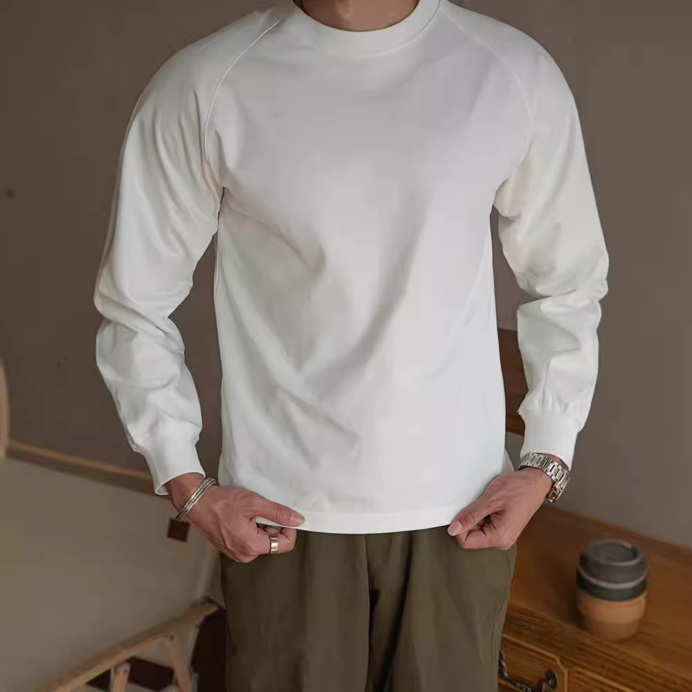 T-shirt à manches longues en coton rétro américain avec col ras du cou et sous-pull intégré pour homme