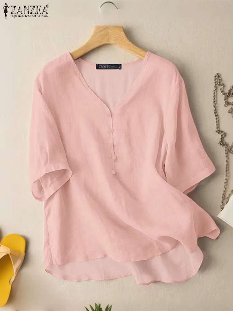 ZANZEA femmes Blouses Vintage 2025 été décontracté col en v demi manches haut-bas Blusas Mujer confort week-end couleur unie tunique hauts