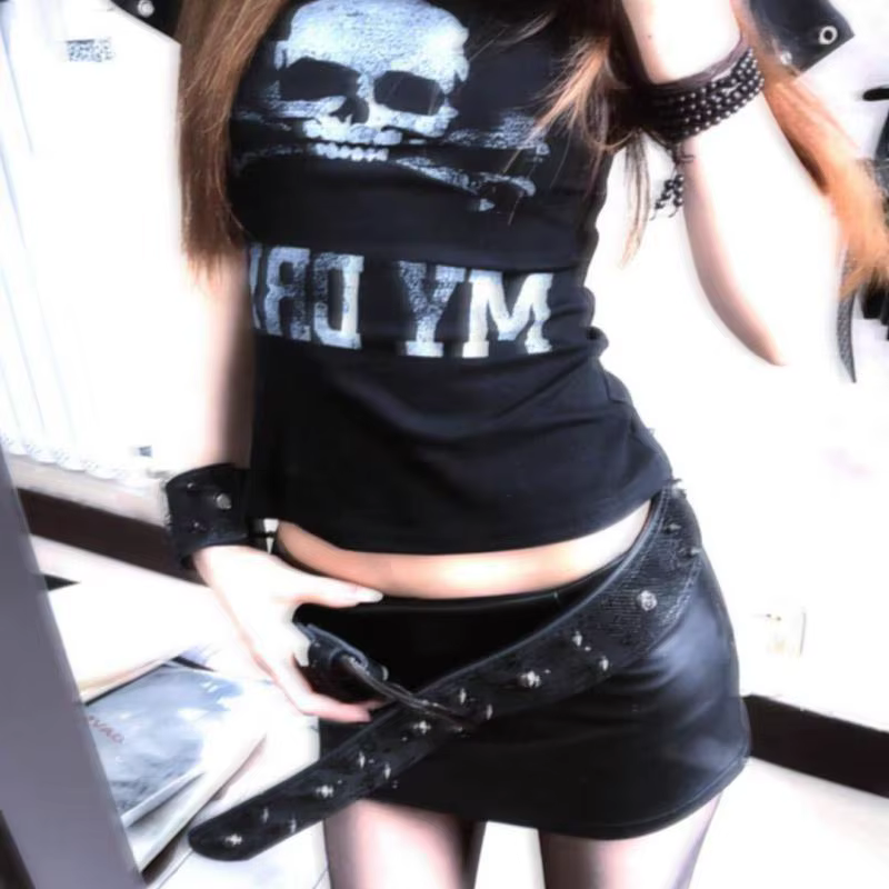 Seeslim Goth Print T-shirt femme manches courtes gothique graphique