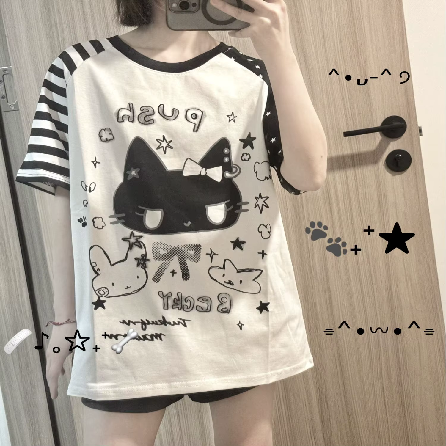 T-shirt à manches courtes imprimé chat mignon style japonais pour femme