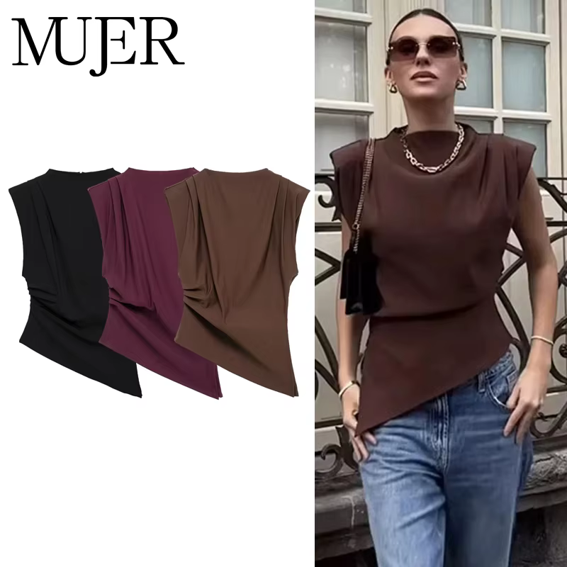 MUJER débardeur asymétrique femme froncé hauts sans manche pour femmes col haut