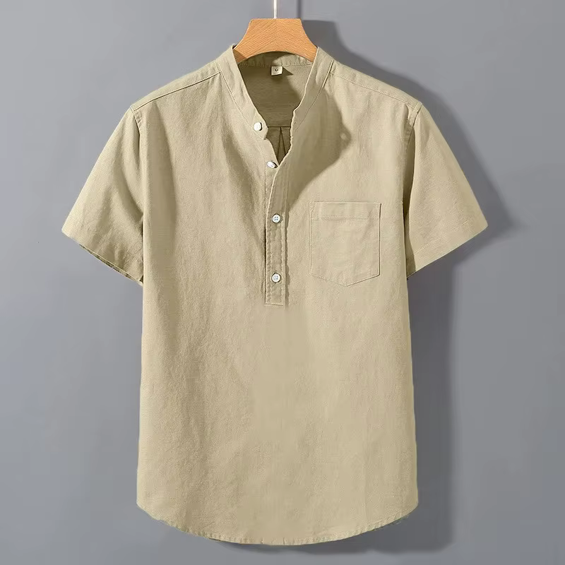 Nouveaux hommes à manches courtes t-shirts couleur unie col montant chemise été à la mode respirant ample jeunesse basique coton poche haut