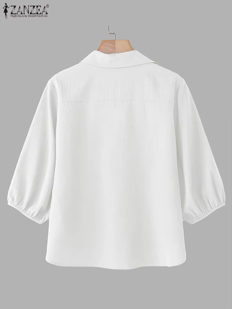 ZANZEA femmes chemisier asymétrique 3/4 lanterne manches couleur unie hauts mode col rabattu tunique décontractée été pull Blusa