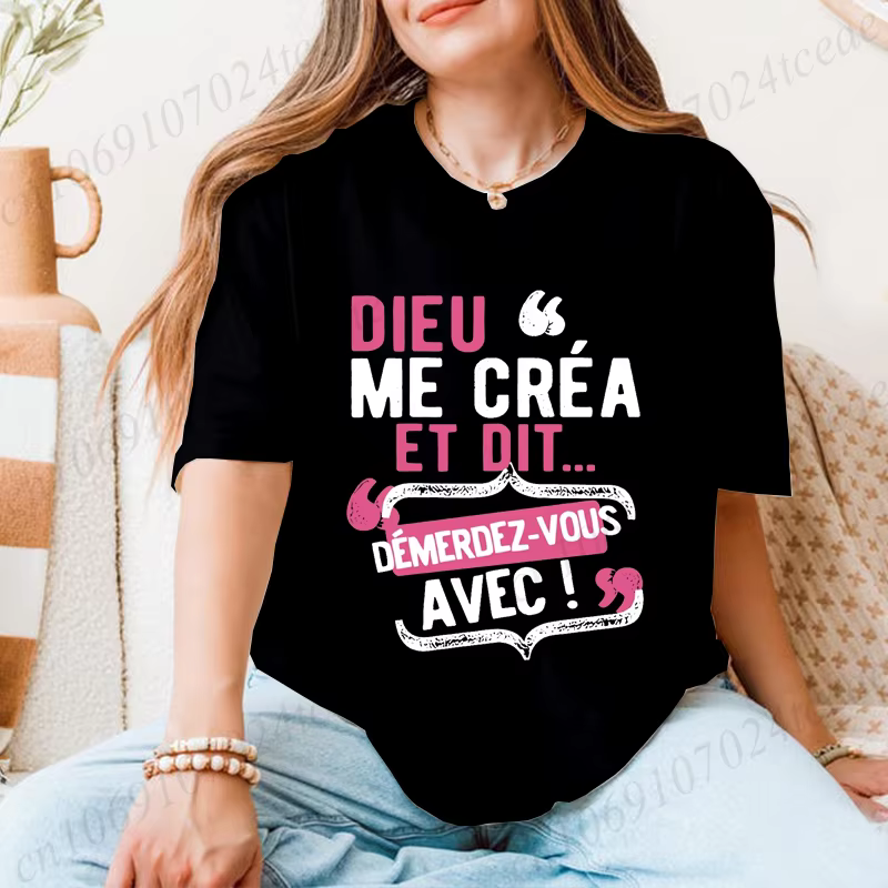 T-shirts pour femmes T-shirt décontracté à col rond avec citation française "Dieu Me C'est Mon Saint" - Haut à manches courtes avec lettres ludiques imprimées