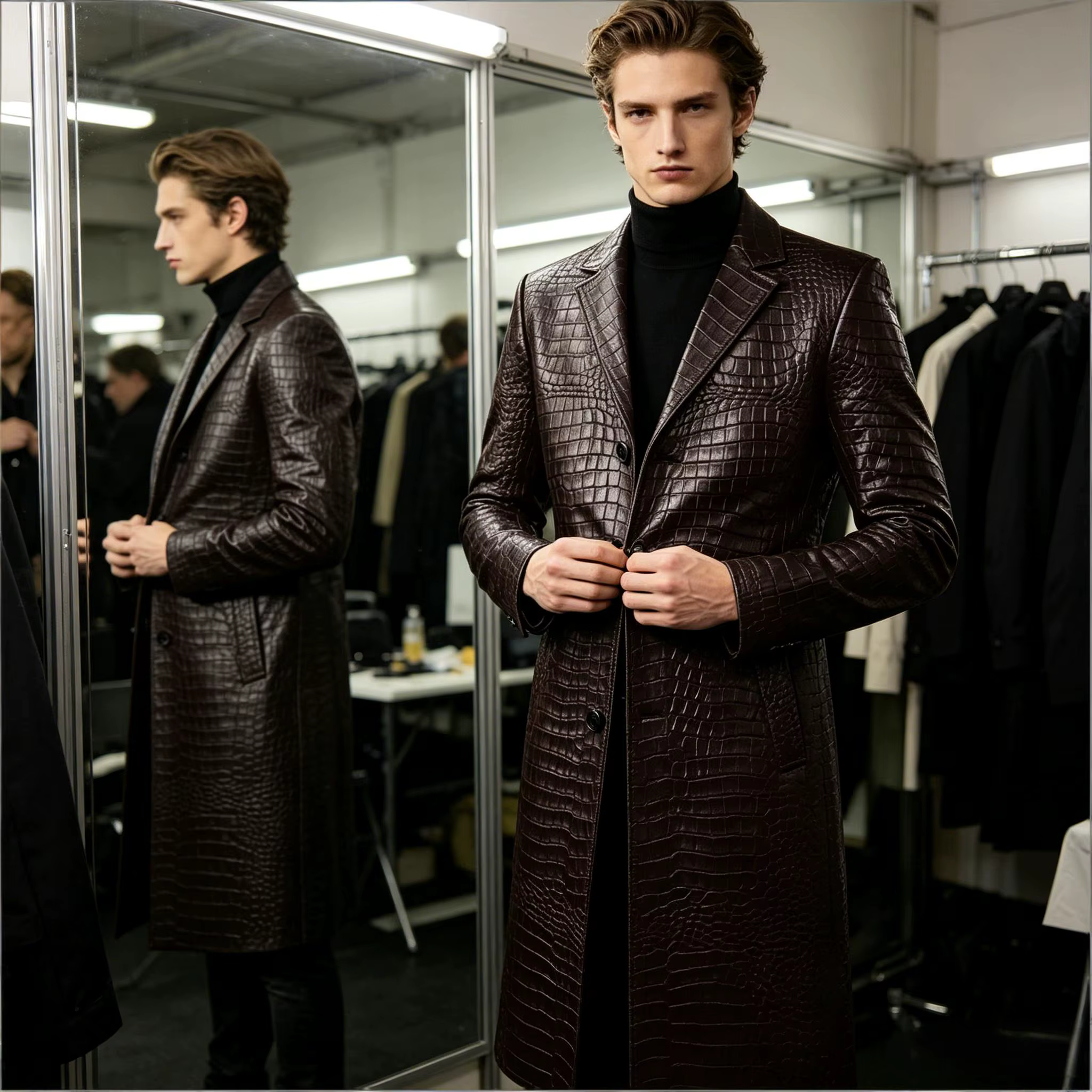 Manteau long en cuir gaufré crocodile de qualité supérieure pour homme, coupe ajustée, simple boutonnage, style formel et streetwear