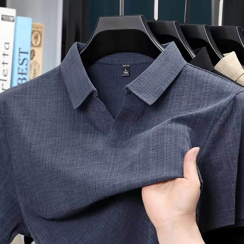Chemises polo à manches courtes en lin mélangé texturé pour hommes