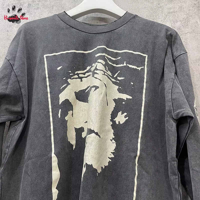 Nouveau lavé Saint à manches longues t-shirt hommes femme surdimensionné décontracté Couple printemps été endommagé col
