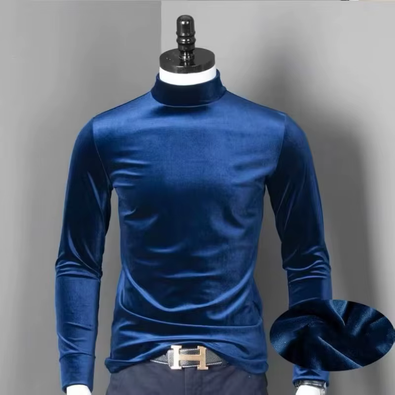 T-shirts en velours à col roulé pour hommes, manches longues, couleur unie, collection Printemps-Automne 2026, T-shirts en velours, grandes tailles, chemise basique M-7XL
