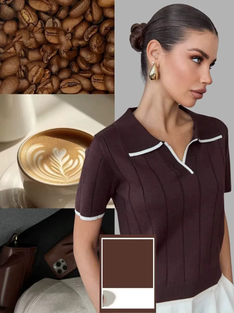 Polo en tricot marron à bordure blanche contrastante pour femme