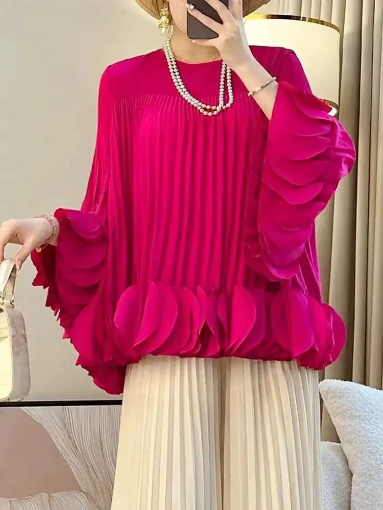 Fold Miyake plissé Appliques t-shirt femmes col rond manches longues couleur unie une ligne ample mode pull nouveau 2025 hauts