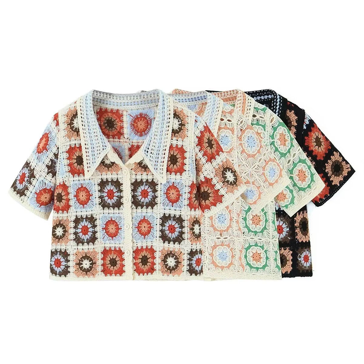 Vintage Crochet tricoté culture hauts Blouse chemises pour femmes décontracté à manches courtes évider chemise été Boho plage Plaid Blusas
