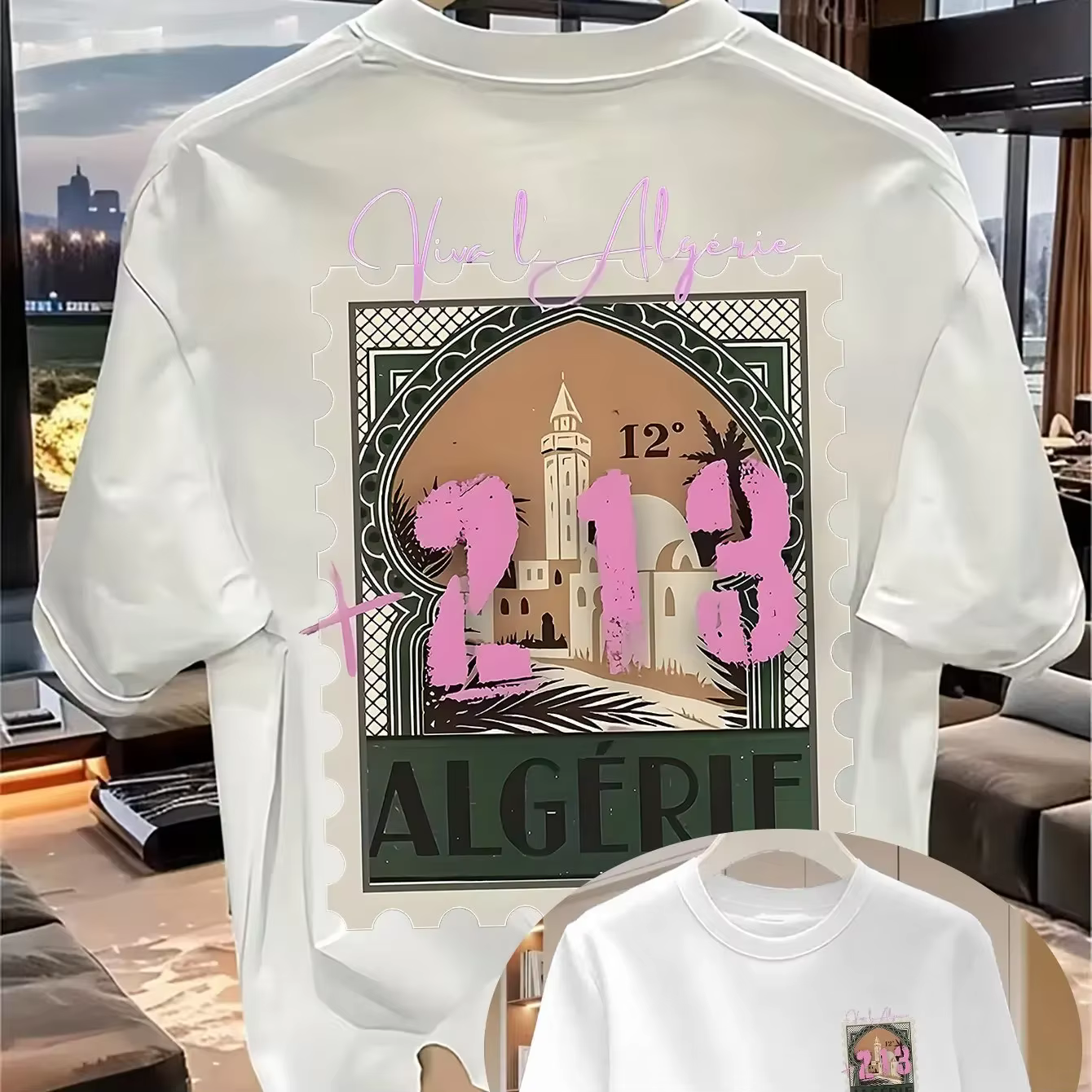 T-shirt Homme Fierté Algérienne 100% Coton avec Motif « ALGERIE +213 » Respirant pour l'Été et les Voyages