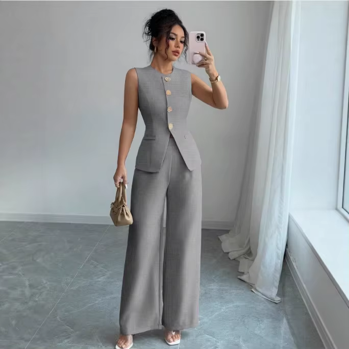 Ensemble chic pour femme 2026 : Gilet sans manches et pantalon large – Tenue de bureau élégante deux pièces décontractée