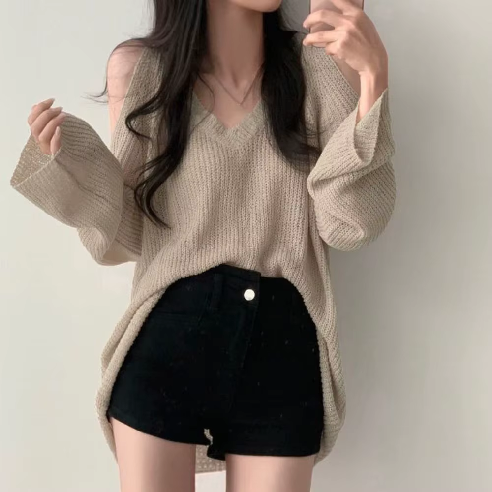 T-shirt long chic en maille ajourée à manches longues