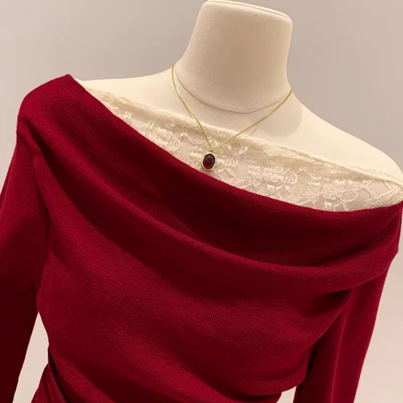 Dentelle rouge un cou épaules dénudées T-Shirts à manches longues femmes