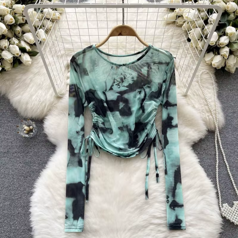 Vinatge Tie-dye T-shirts femmes Sexy mode vacances à manches longues hauts décontracté chemise conception automne printemps femme Streetwear Ins