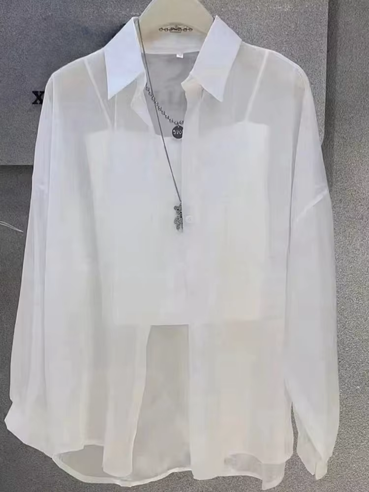Hauts grande taille pour femmes, chemisiers d'été en mousseline de soie glacée, respirants et résistants au soleil, boutons fins, amples et transparents, chemises à manches longues, 2025