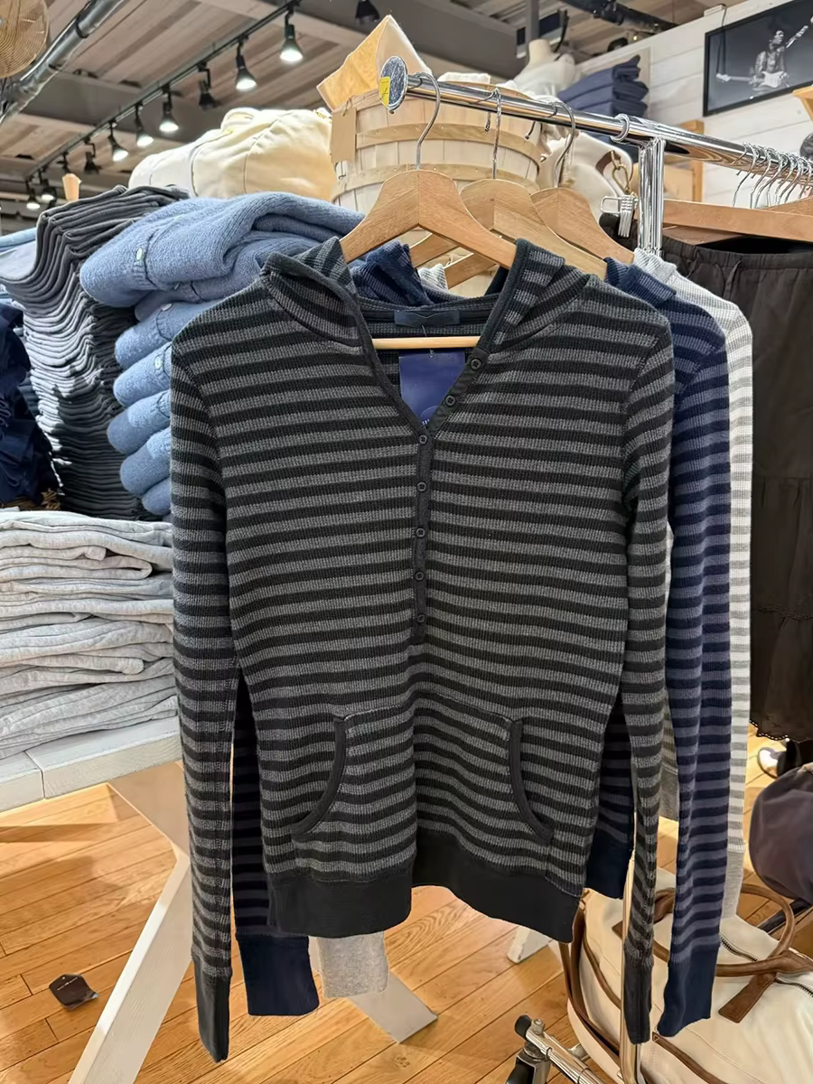 Rayé gaufre à manches longues T-Shirt femme printemps boutons à capuche mince