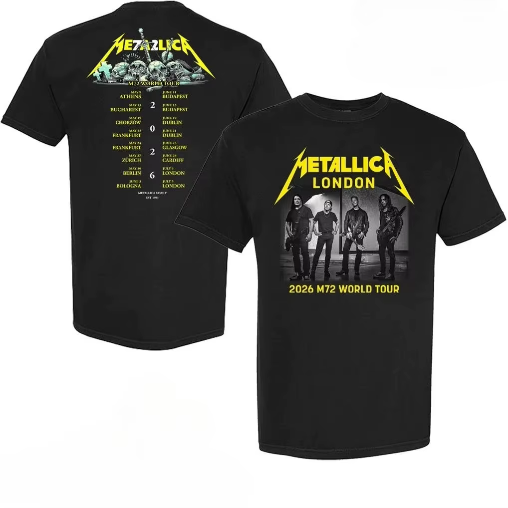 T-shirt Metallica M72 London 2026 avec les dates de la tournée mondiale des membres du groupe