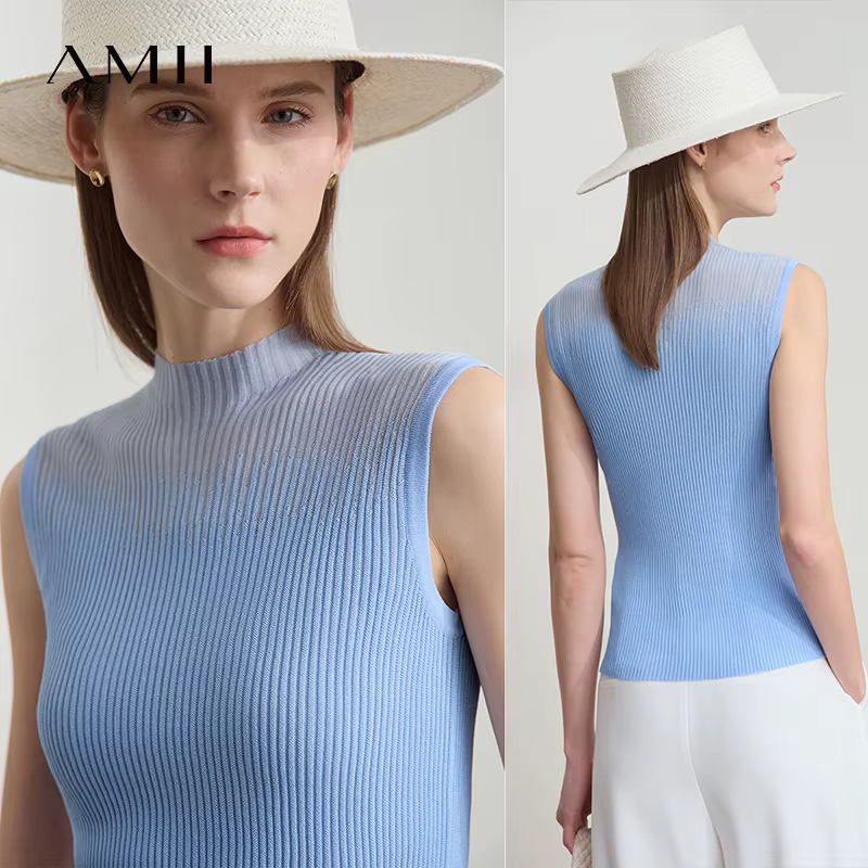 Amii femmes haut minimaliste été nouvelle couleur unie col montant sans manches mince élastique Double courbe fil tricoté Camisole 12542249