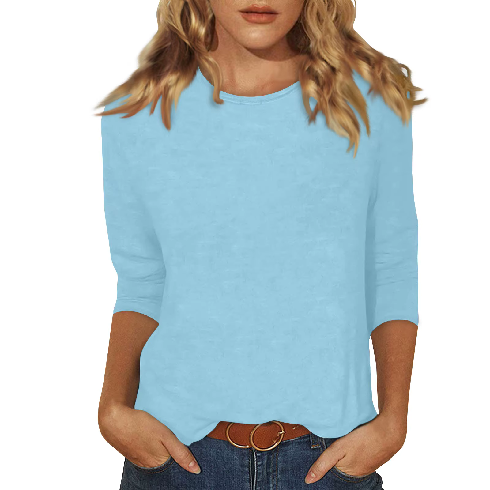 Femmes été hauts col rond trois quarts manches confortable impression t-shirt Blouse