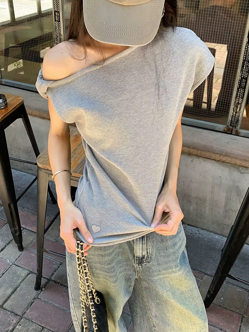 Gaufre épaules dénudées à manches courtes t-shirt femmes élégant jeunesse haut d'été coréen Chic vacances dame