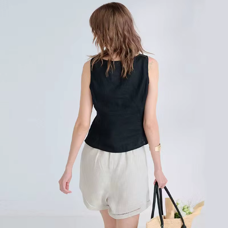 Nouveau débardeur élégant pour femme 100% lin à col en V et bordure en dentelle