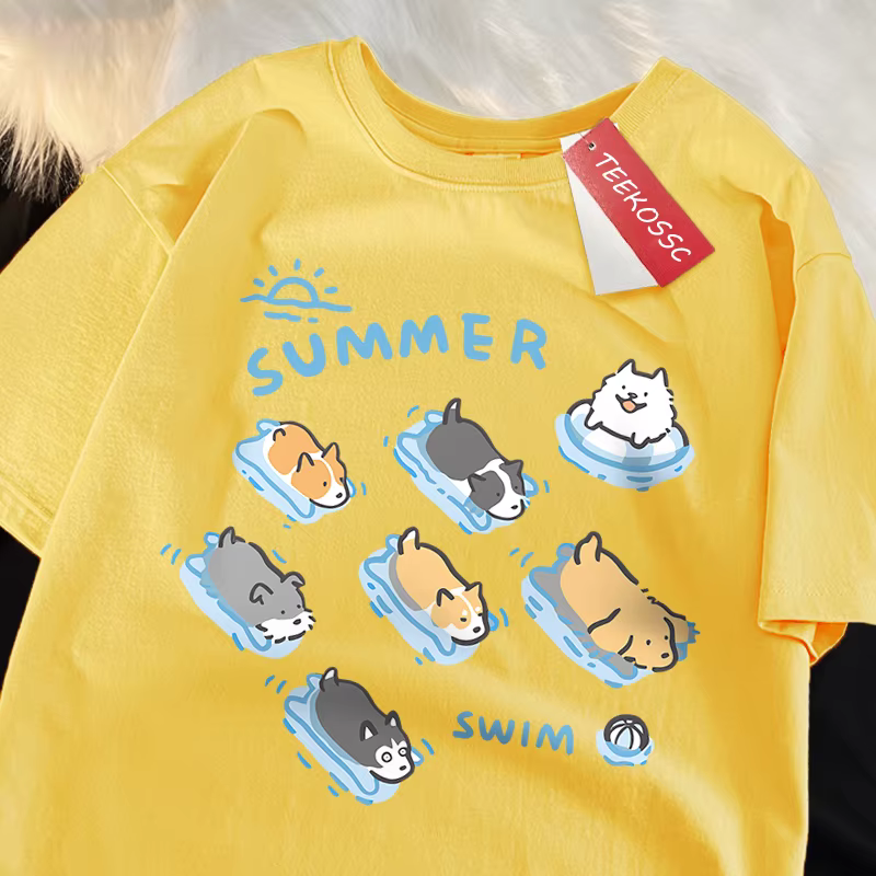 T-shirt de style japonais amusant pour la natation, chat et chien, t-shirts d'été décontractés pour femmes, t-shirt en coton respirant à la mode