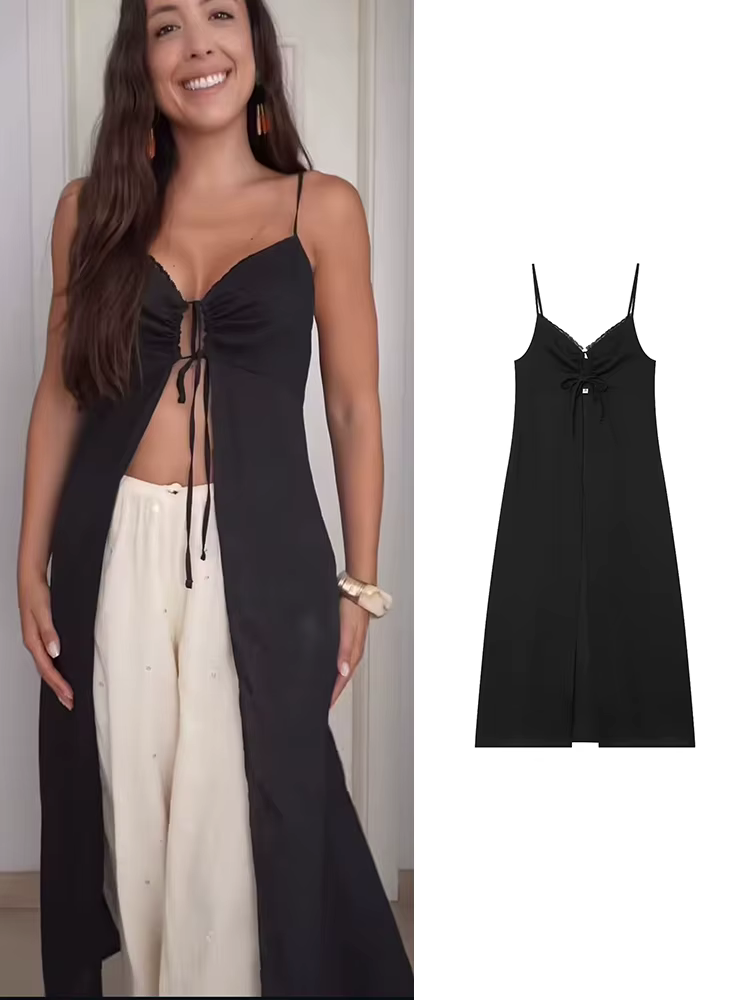 TFMLN Haut décontracté à longues bretelles pour femme, chic, uni, à lacets, sans manches, à fines bretelles, avec fente haute, style streetwear, pour l'été