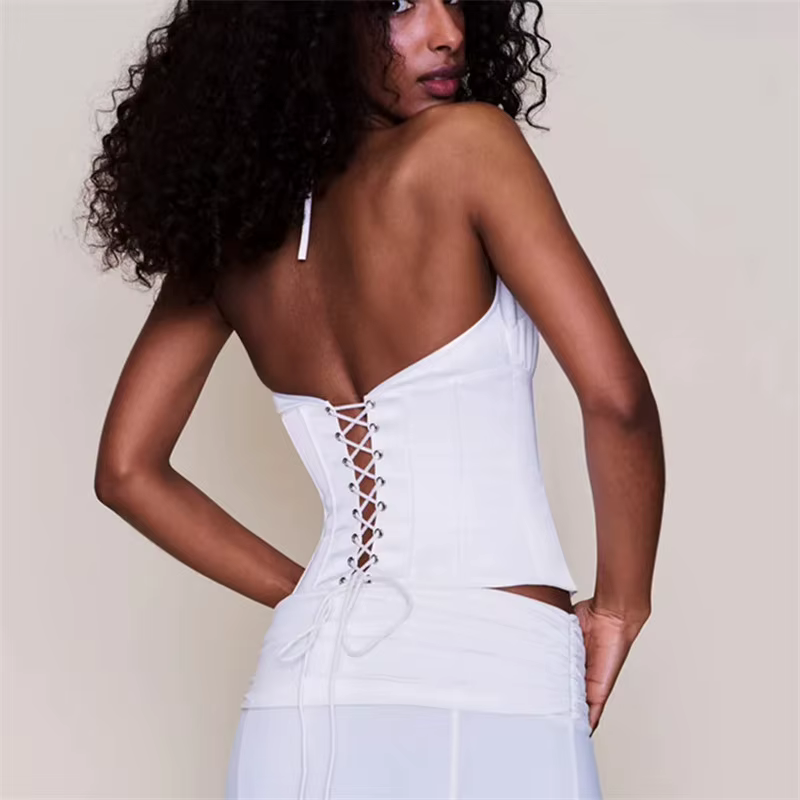 Tops de camisole chic pour femmes, à col halter, en tissu uni, vêtements de maintien de la forme, boutons sur le devant, corset court, tops sexy, dos nu, à nouer, veste