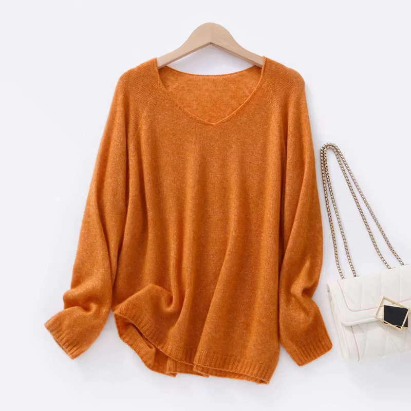 Pull-over ample en soie et cachemire à col en V pour femme
