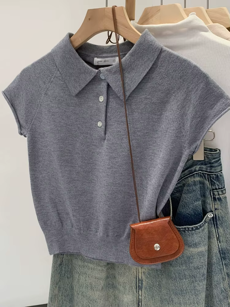 Nouveau T-shirt Femme Col Polo Bleu Marine Été 2026 – Haut Tricoté Chic et Décontracté à Manches Courtes Couleur Unie Tendance