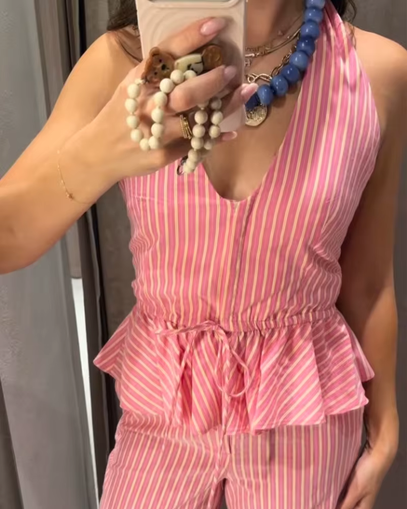Haut pour femme 2026 Nouvelle Collection Été Col V Rayé Halter Chic et Élégant Style Vacances