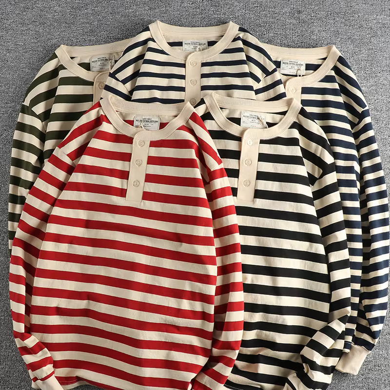 Automne américain rétro 230g poids lourd col Henry rayé T-shirt hommes mode 100% coton lavé décontracté ample résistant gars hauts