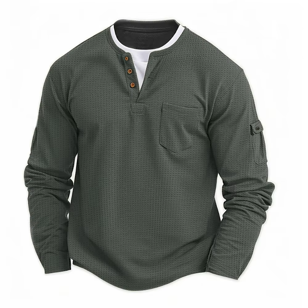 Homme nouveau bouton Henley col chemise à manches longues décontracté