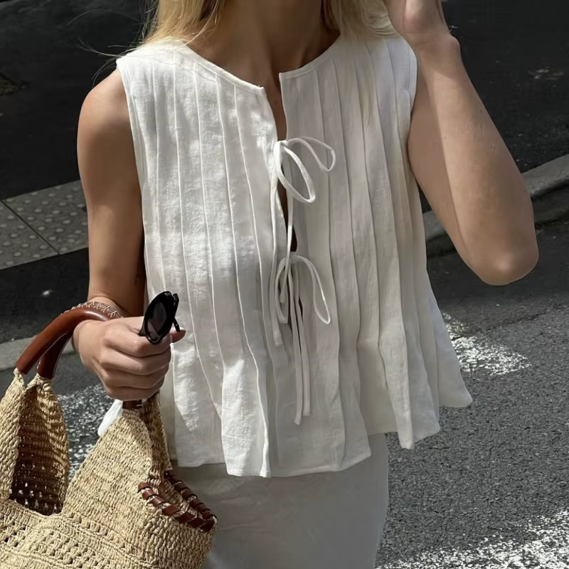 2026 printemps/été vente chaude sangle coton chanvre plié couleur unie Design T-shirt haut