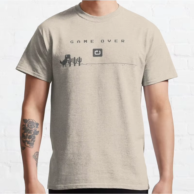 Game over drôle hors ligne t rex 90s dessin animé pixel jeu vidéo dinosaure T-shirt pour hommes grande taille hauts pour adultes S-6xl