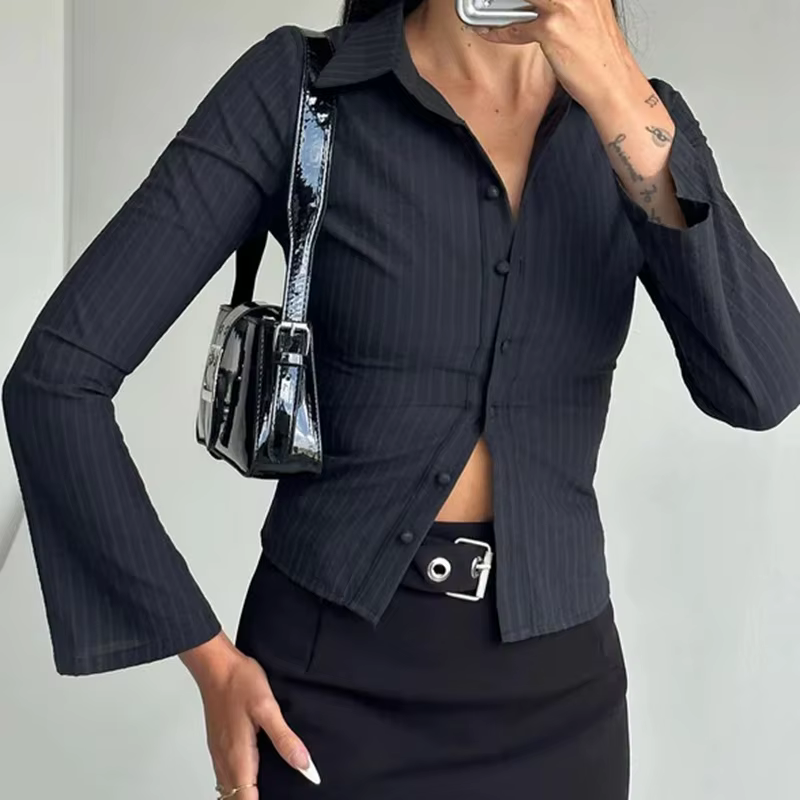 Femmes col à revers col en V ajusté chemises à fines rayures bureau dame boutonné T-shirt Vintage Preppy Coquette Blouse Y2k hauts courts
