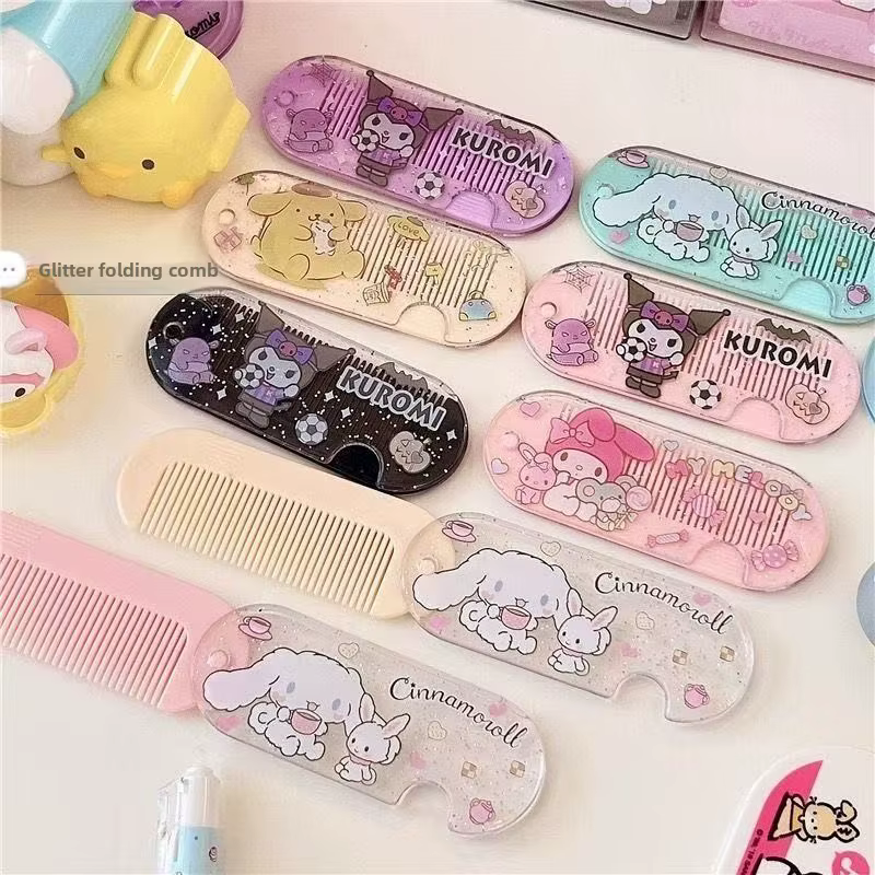 Peigne pliant inspiré de Kuromi, brosse à cheveux compacte avec miroir, personnage d'anime Kawaii, démêlant, pour femmes, cadeau de voyage, vente en gros