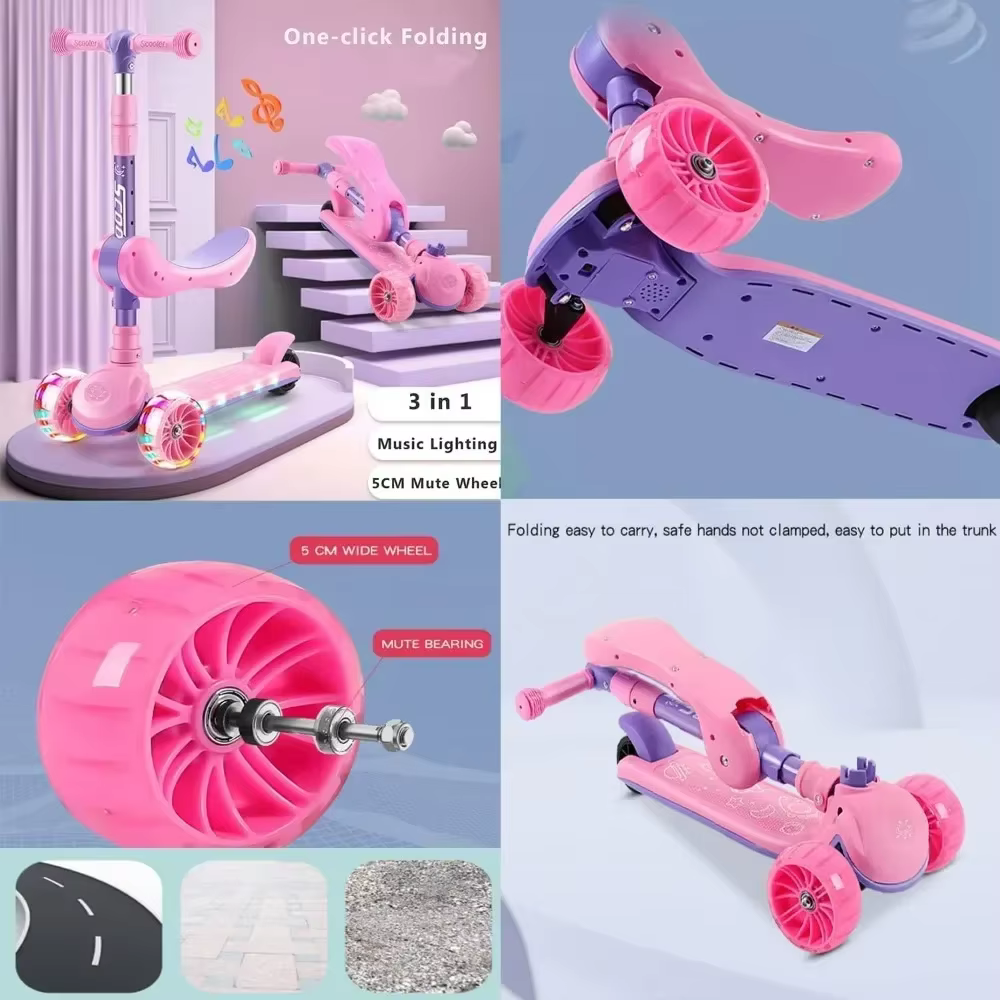 Trottinettes 2 en 1 pour enfants, trottinette à 3 roues pour garçons et filles, hauteur et siège réglables, pont antidérapant, assis ou sur pied, avec frein