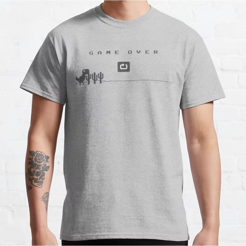 Game over drôle hors ligne t rex 90s dessin animé pixel jeu vidéo dinosaure T-shirt pour hommes grande taille hauts pour adultes S-6xl