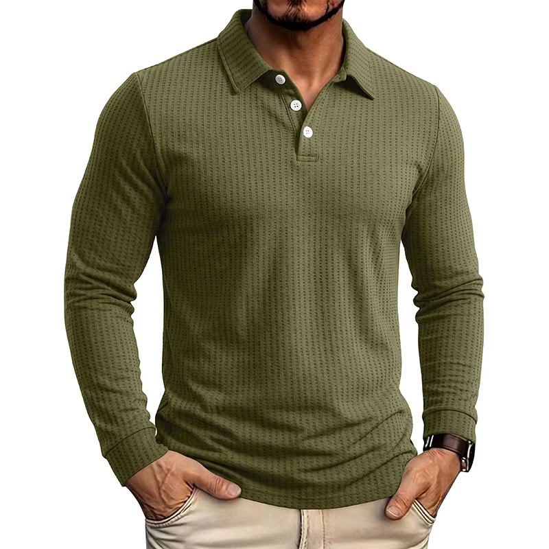 Polo à manches longues en tricot gaufré pour homme
