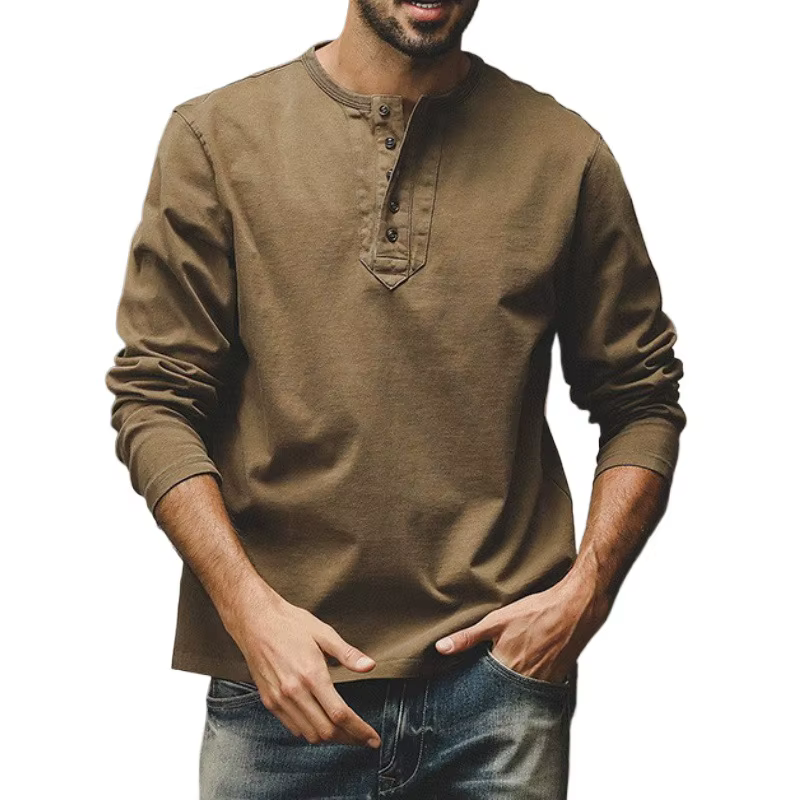 Nouveauté américain rétro col Henry T-Shirt à manches longues hommes ample décontracté haut tendance respirant coton couleur Pure